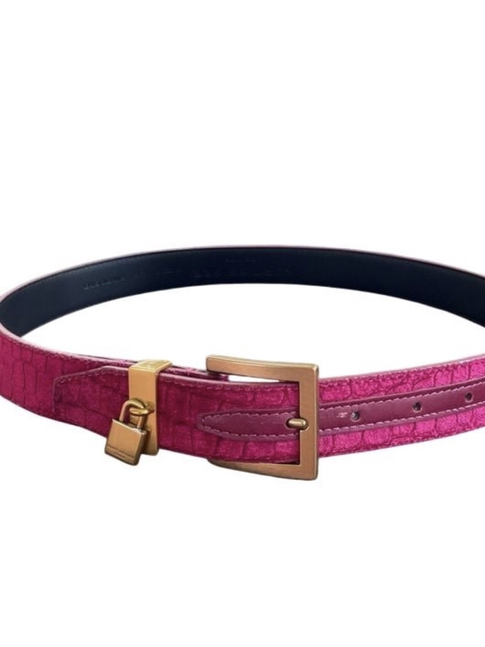 Kurt Geiger London Fuchsia Croc-Embossed Velvet Belt with Padlock Charm